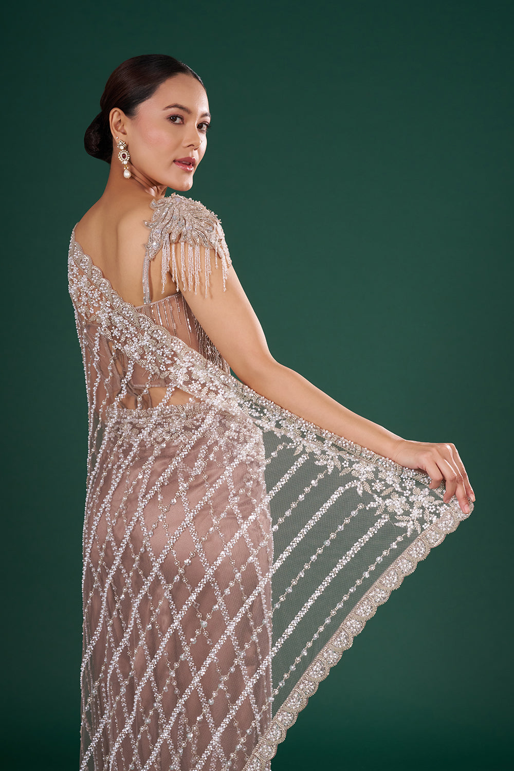 Charcoal Grey Embroidered Net Saree with Silver Sequin, Cut Dana & Pearl Hand Work