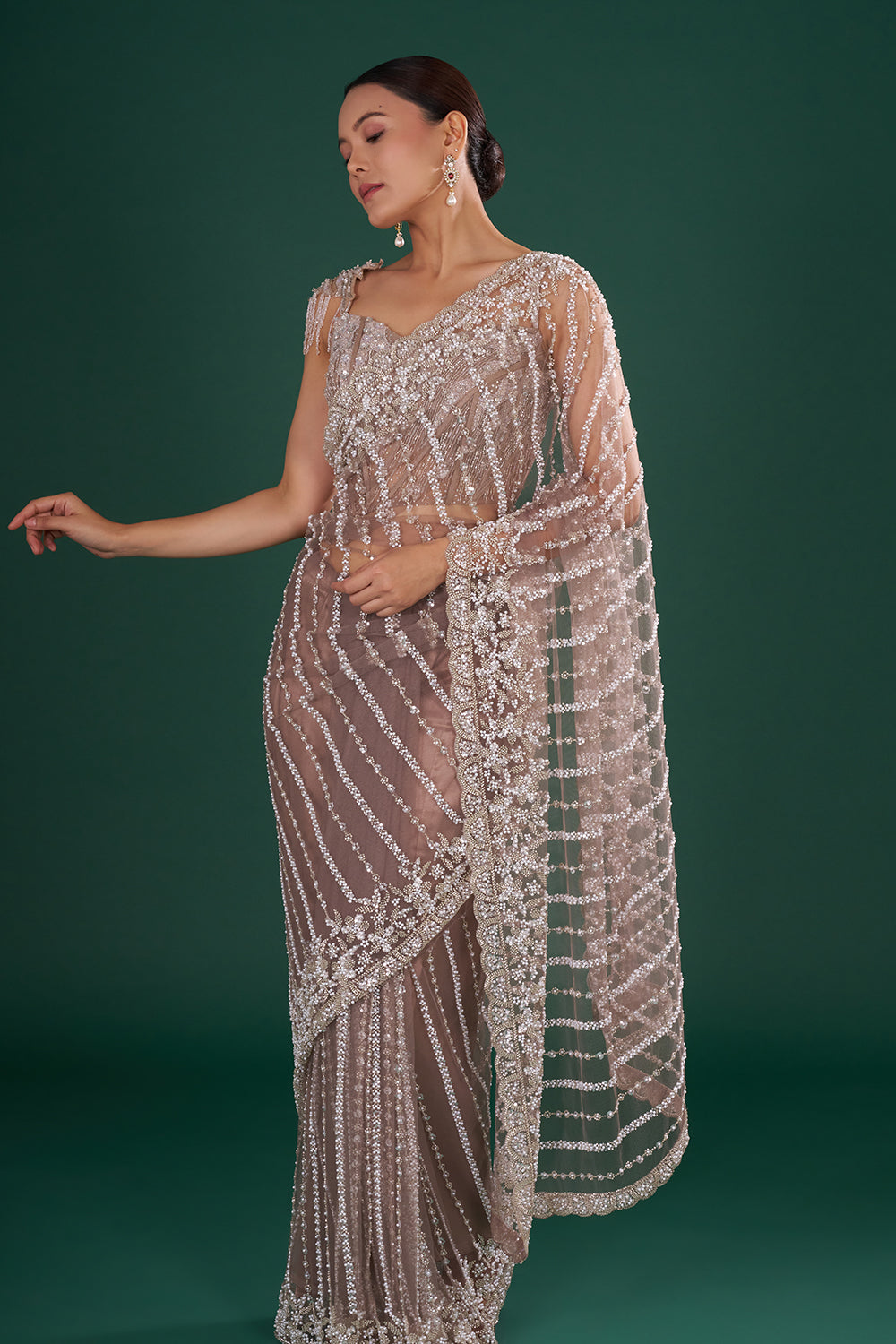 Charcoal Grey Embroidered Net Saree with Silver Sequin, Cut Dana & Pearl Hand Work