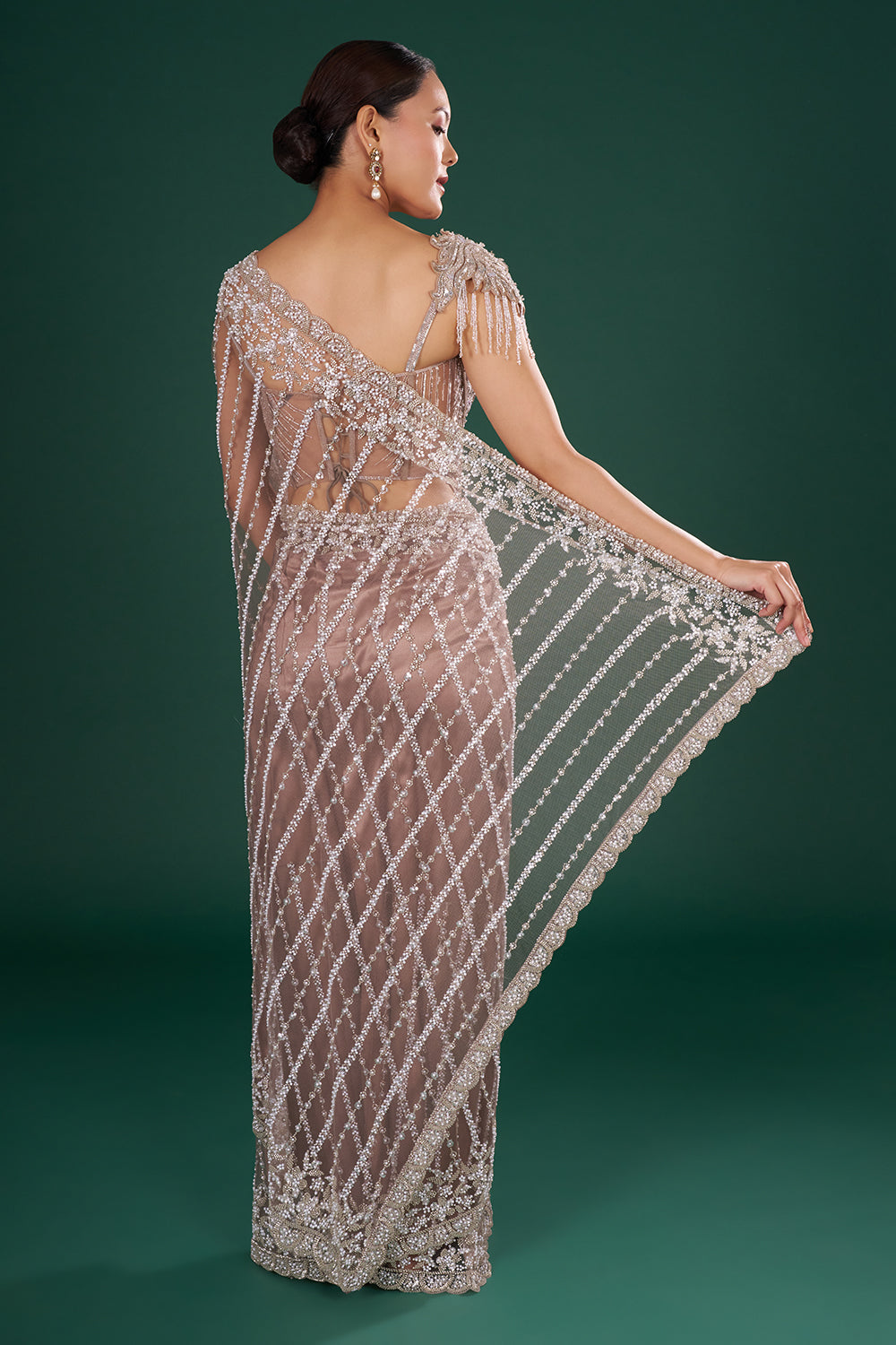 Charcoal Grey Embroidered Net Saree with Silver Sequin, Cut Dana & Pearl Hand Work