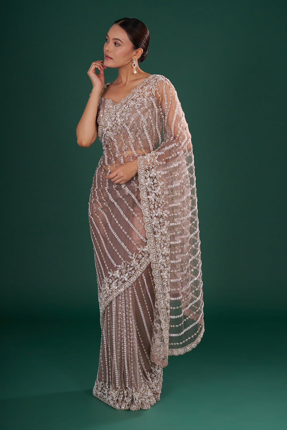 Charcoal Grey Embroidered Net Saree with Silver Sequin, Cut Dana & Pearl Hand Work