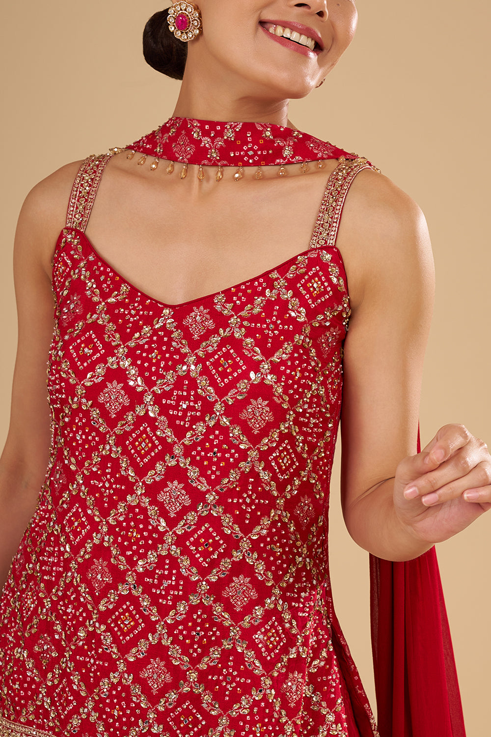 Cherry Red Banarasi Bandhani Kurta Set with Gold Sequin, Pearl and Crystal Hand Embroidery