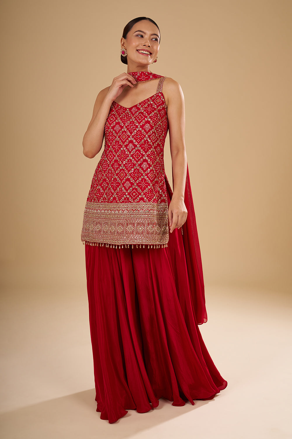 Cherry Red Banarasi Bandhani Kurta Set with Gold Sequin, Pearl and Crystal Hand Embroidery