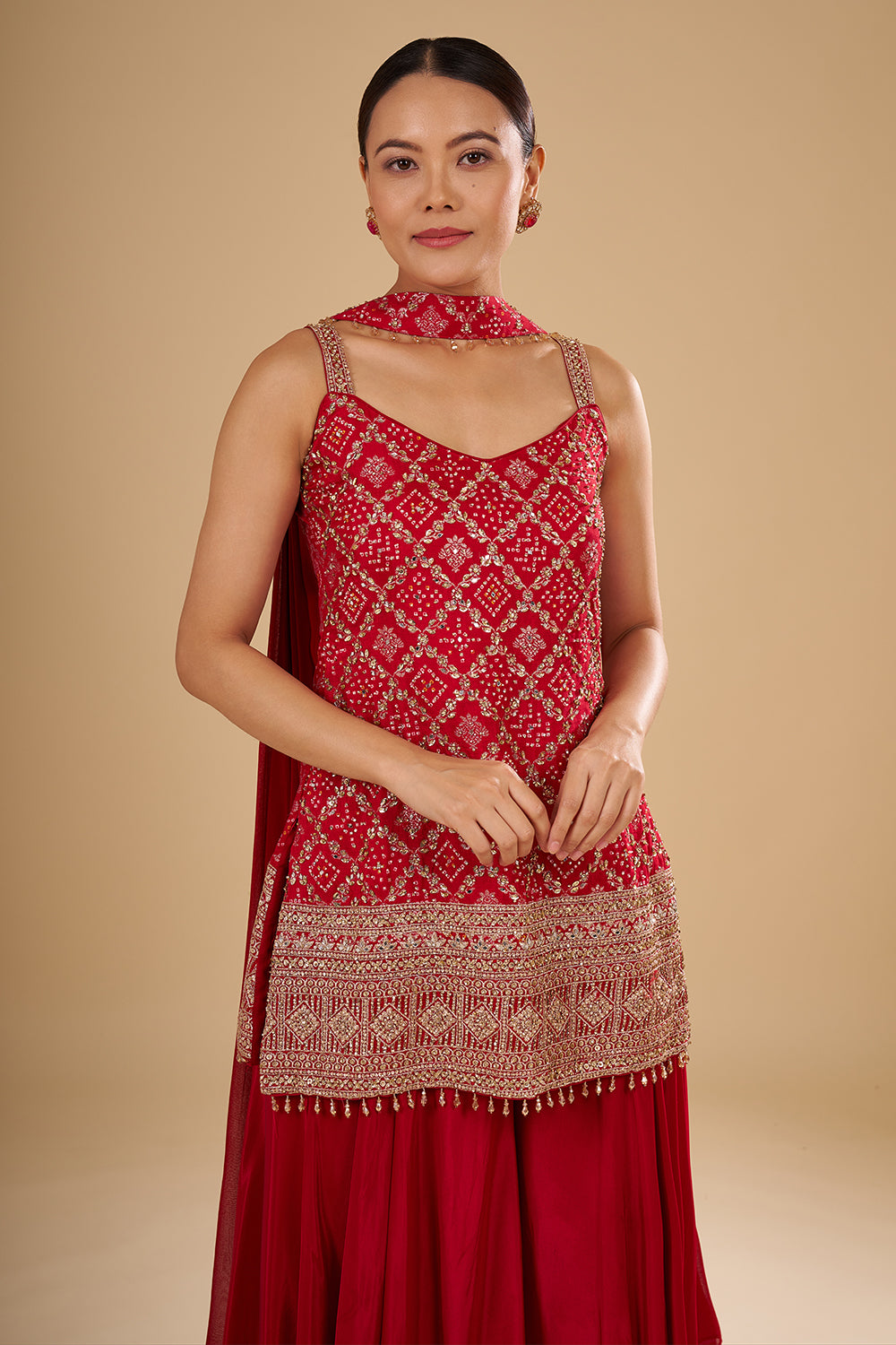 Cherry Red Banarasi Bandhani Kurta Set with Gold Sequin, Pearl and Crystal Hand Embroidery