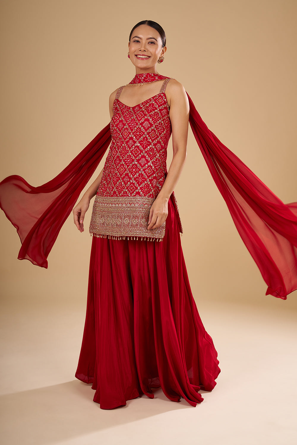 Cherry Red Banarasi Bandhani Kurta Set with Gold Sequin, Pearl and Crystal Hand Embroidery