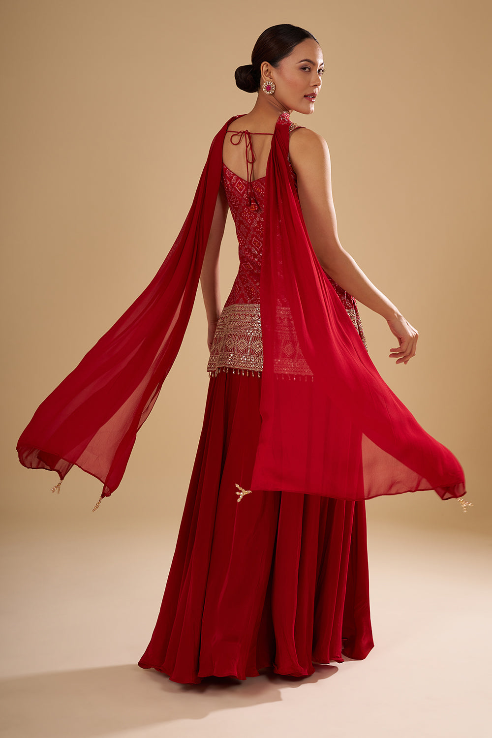 Cherry Red Banarasi Bandhani Kurta Set with Gold Sequin, Pearl and Crystal Hand Embroidery
