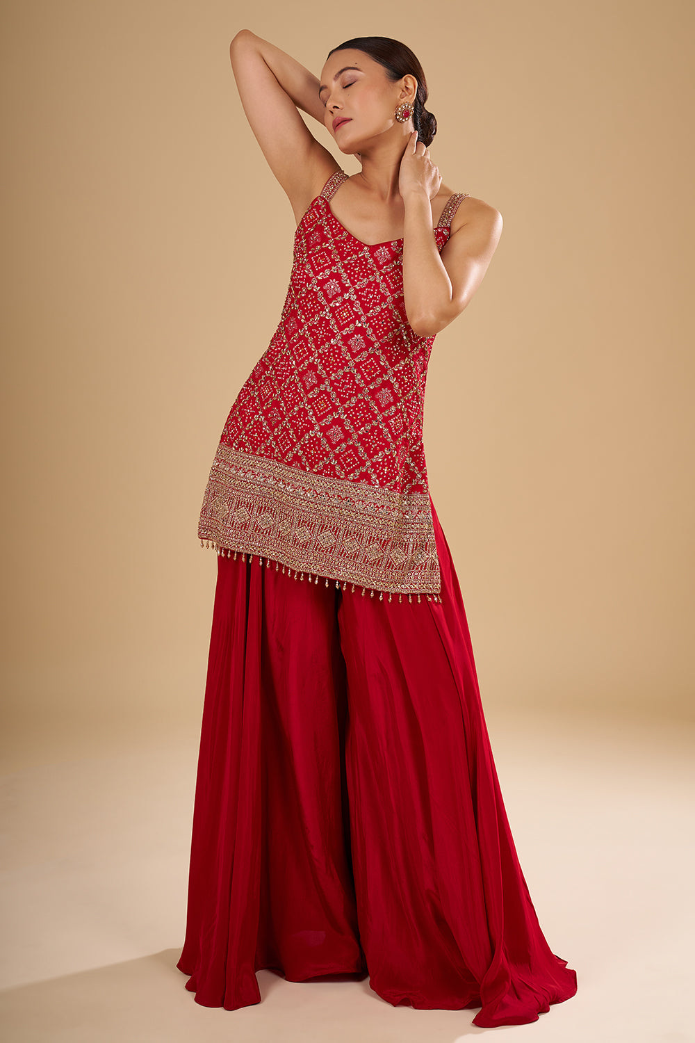Cherry Red Banarasi Bandhani Kurta Set with Gold Sequin, Pearl and Crystal Hand Embroidery