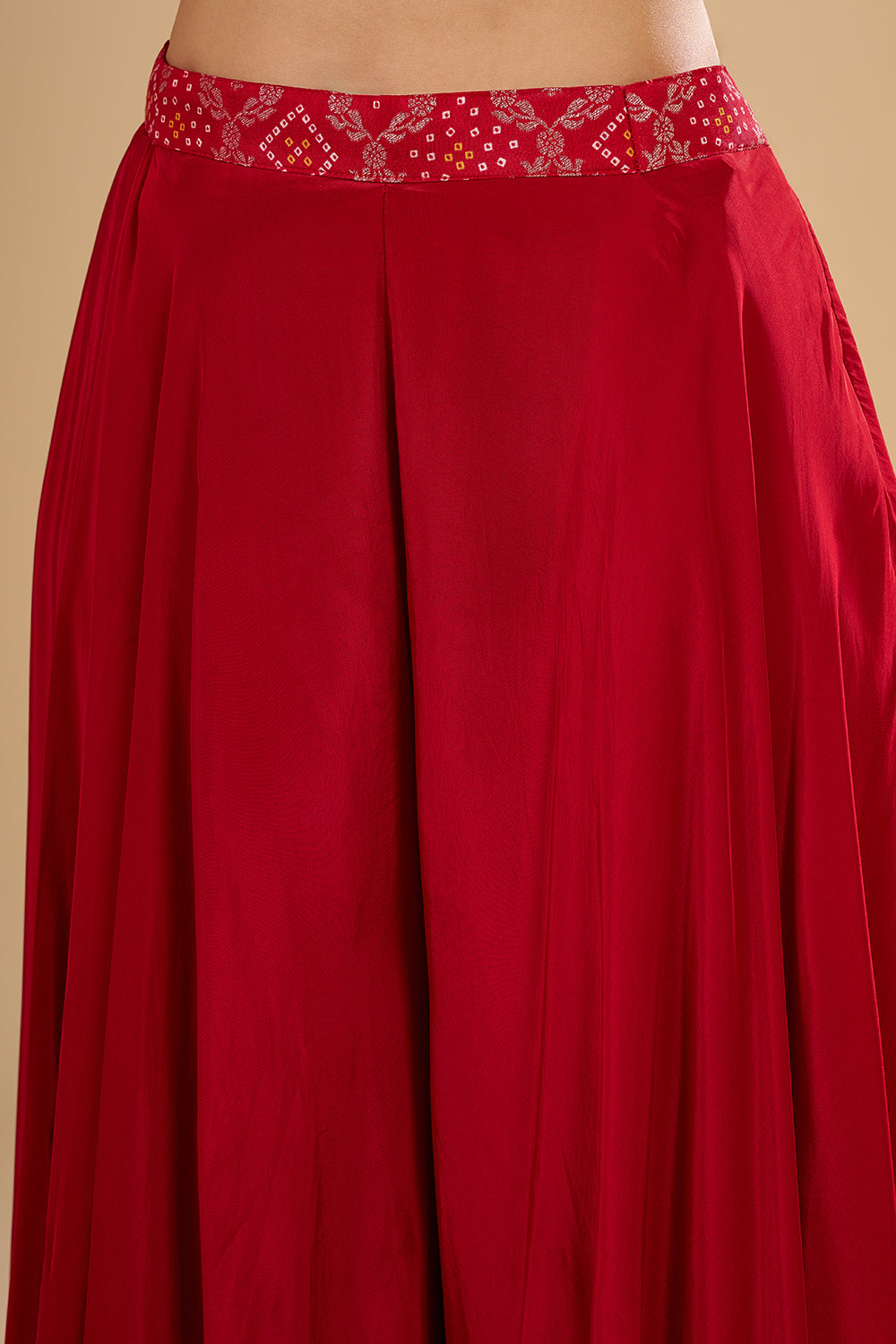 Cherry Red Banarasi Bandhani Kurta Set with Gold Sequin, Pearl and Crystal Hand Embroidery