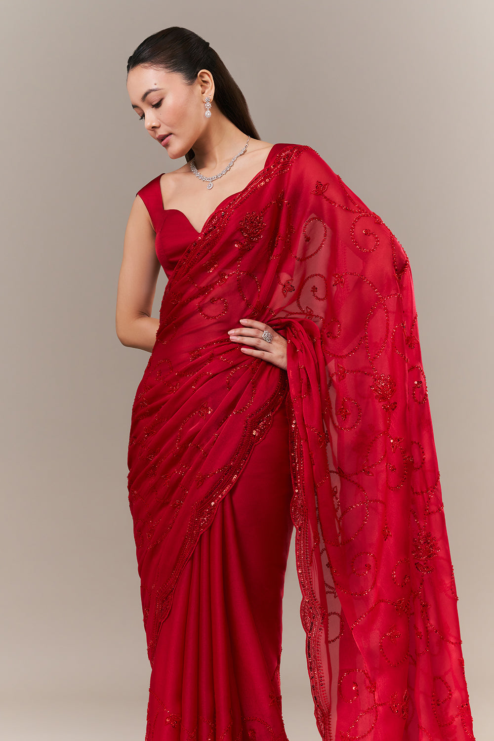 Cherry Red Net Saree with Cutdana and Sequin Work