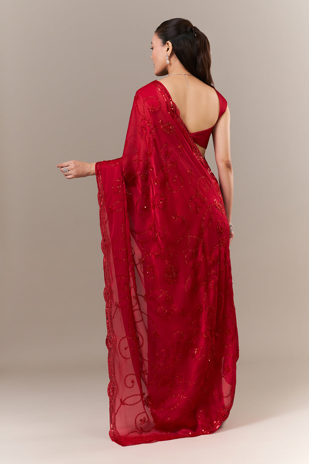 Cherry Red Net Saree with Cutdana and Sequin Work