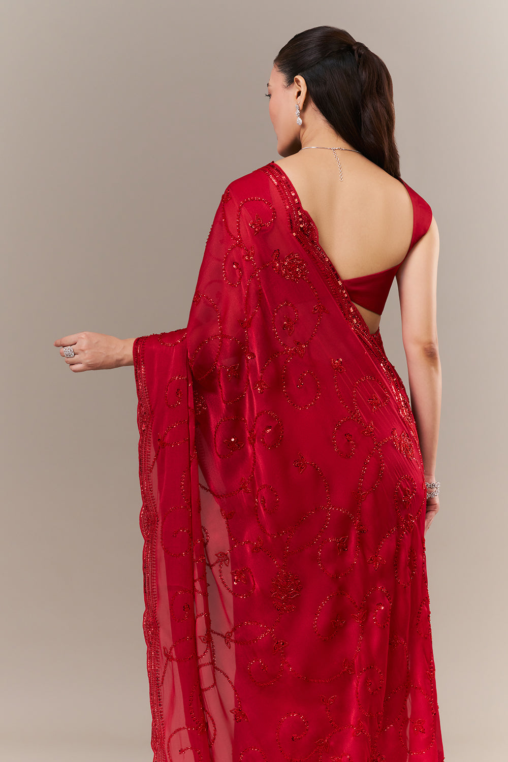 Cherry Red Net Saree with Cutdana and Sequin Work