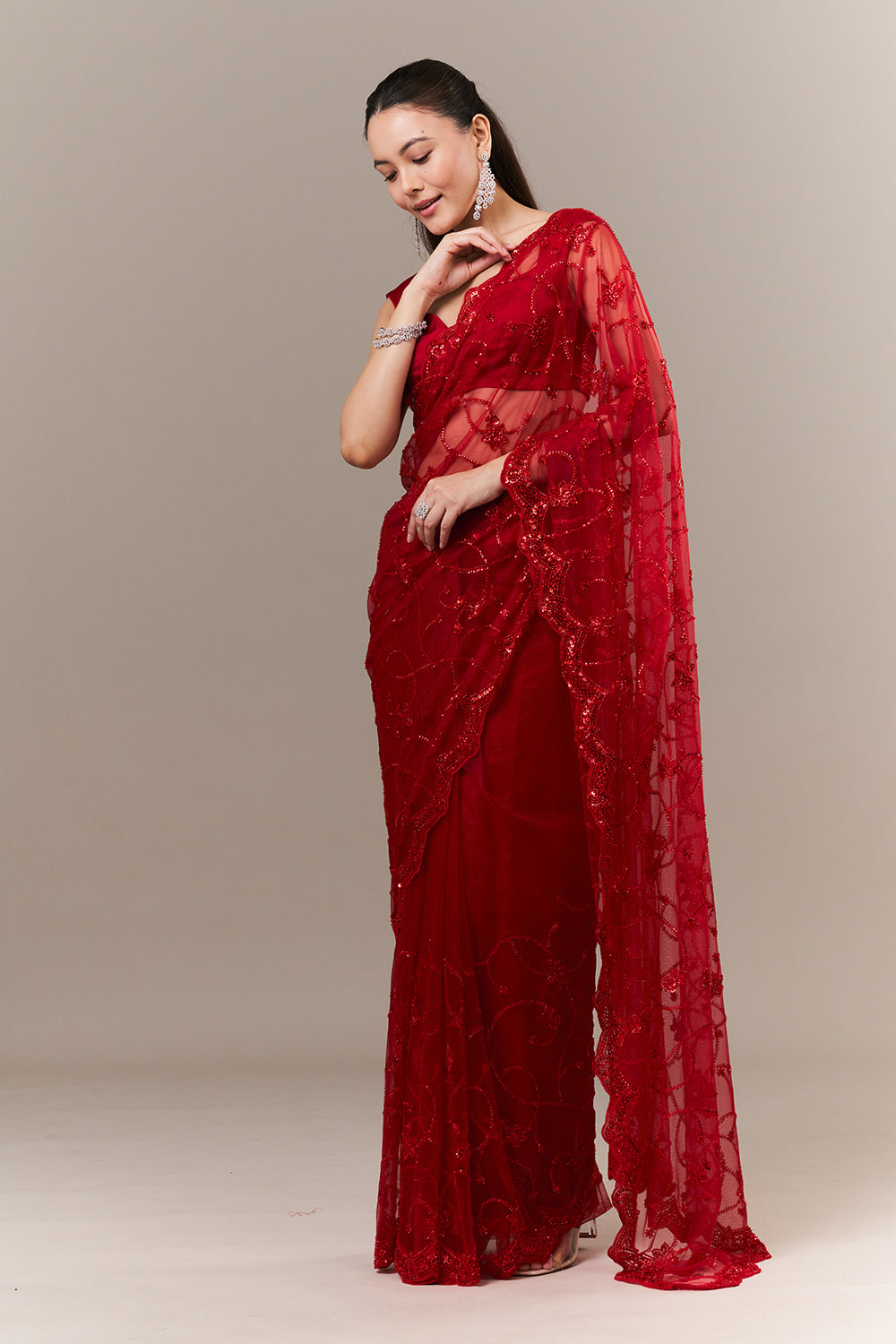 Cherry Red Net Saree with Sequin and Bead Work