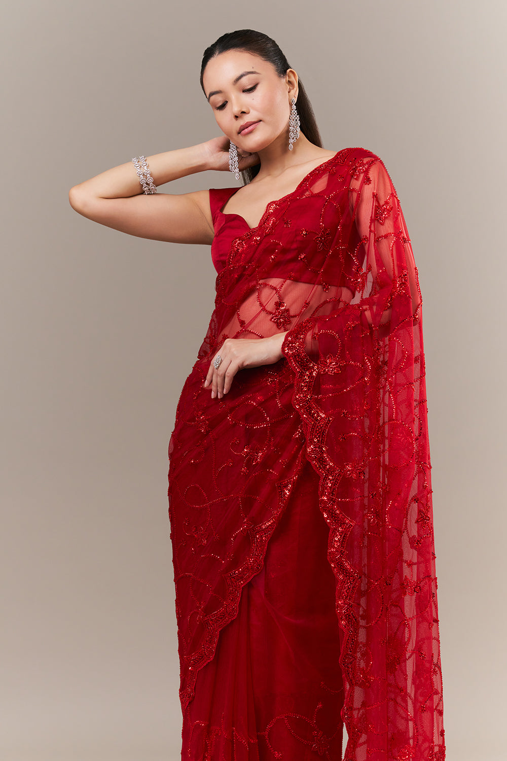 Cherry Red Net Saree with Sequin and Bead Work