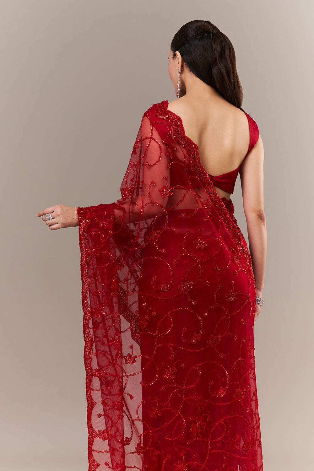 Cherry Red Net Saree with Sequin and Bead Work