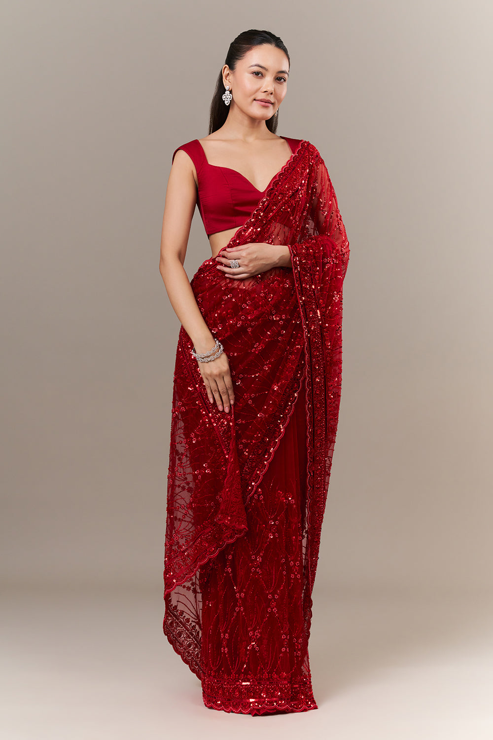 Cherry Red Net Saree with Sequin and Cutdana Work