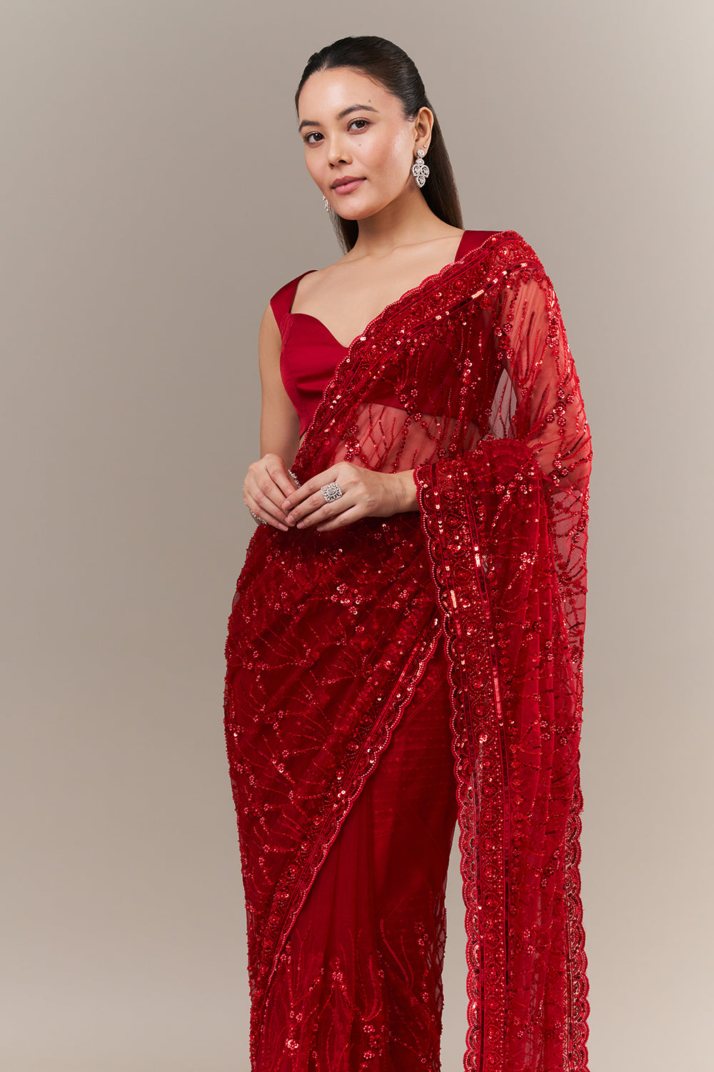 Cherry Red Net Saree with Sequin and Cutdana Work