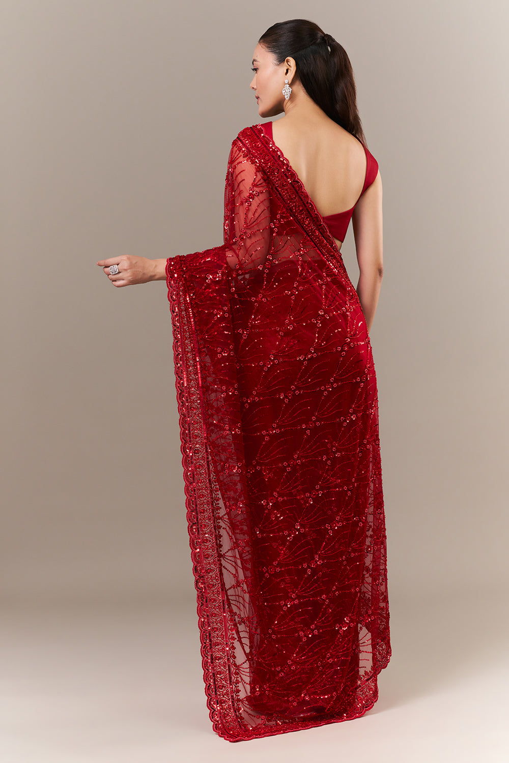 Cherry Red Net Saree with Sequin and Cutdana Work