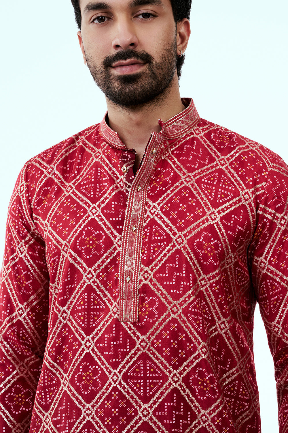 Cherry Red Ombre Shimmer Silk Mens Kurta Set with Embroidery Work