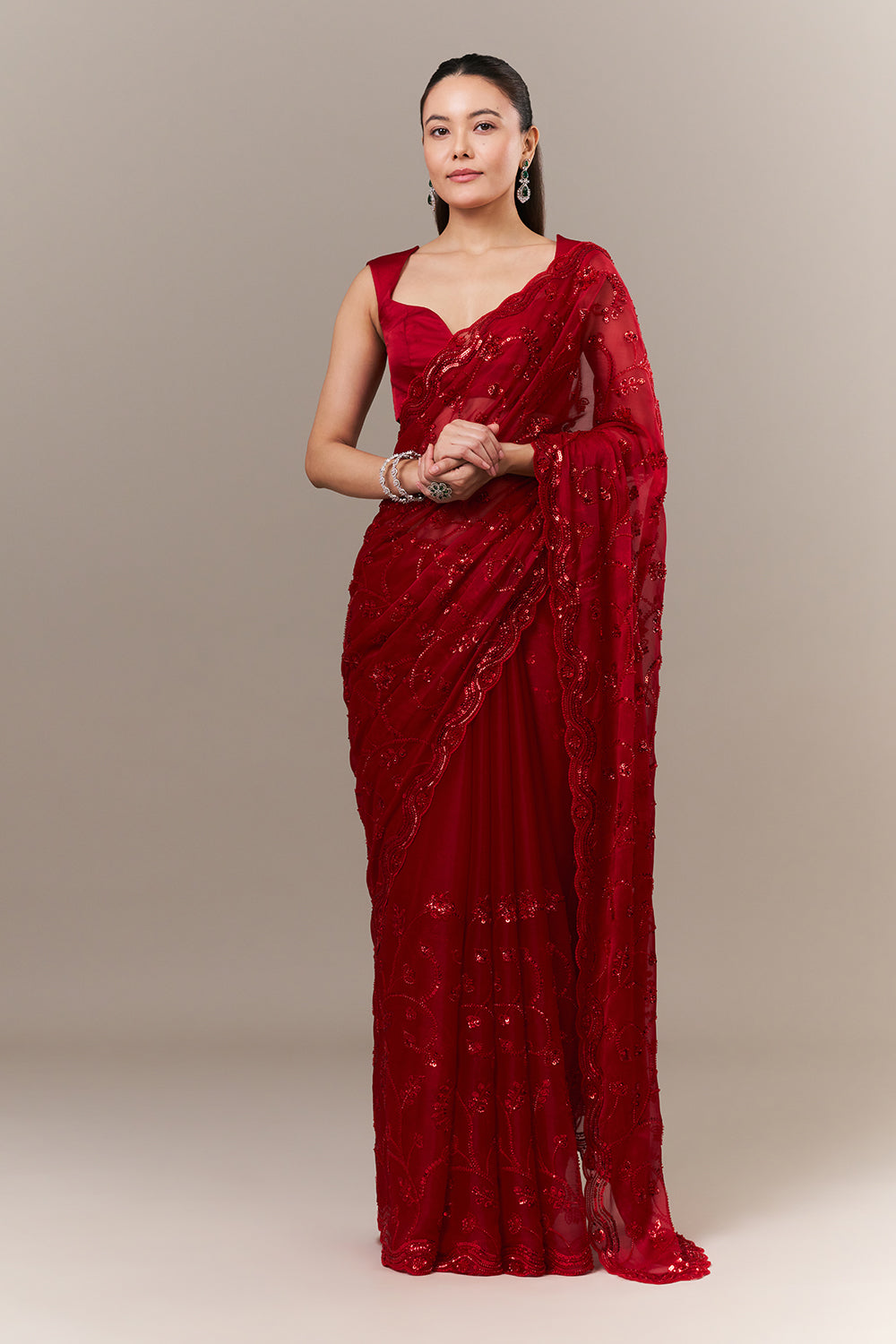 Cherry Red Organza Saree with Cutdana and Sequin Work