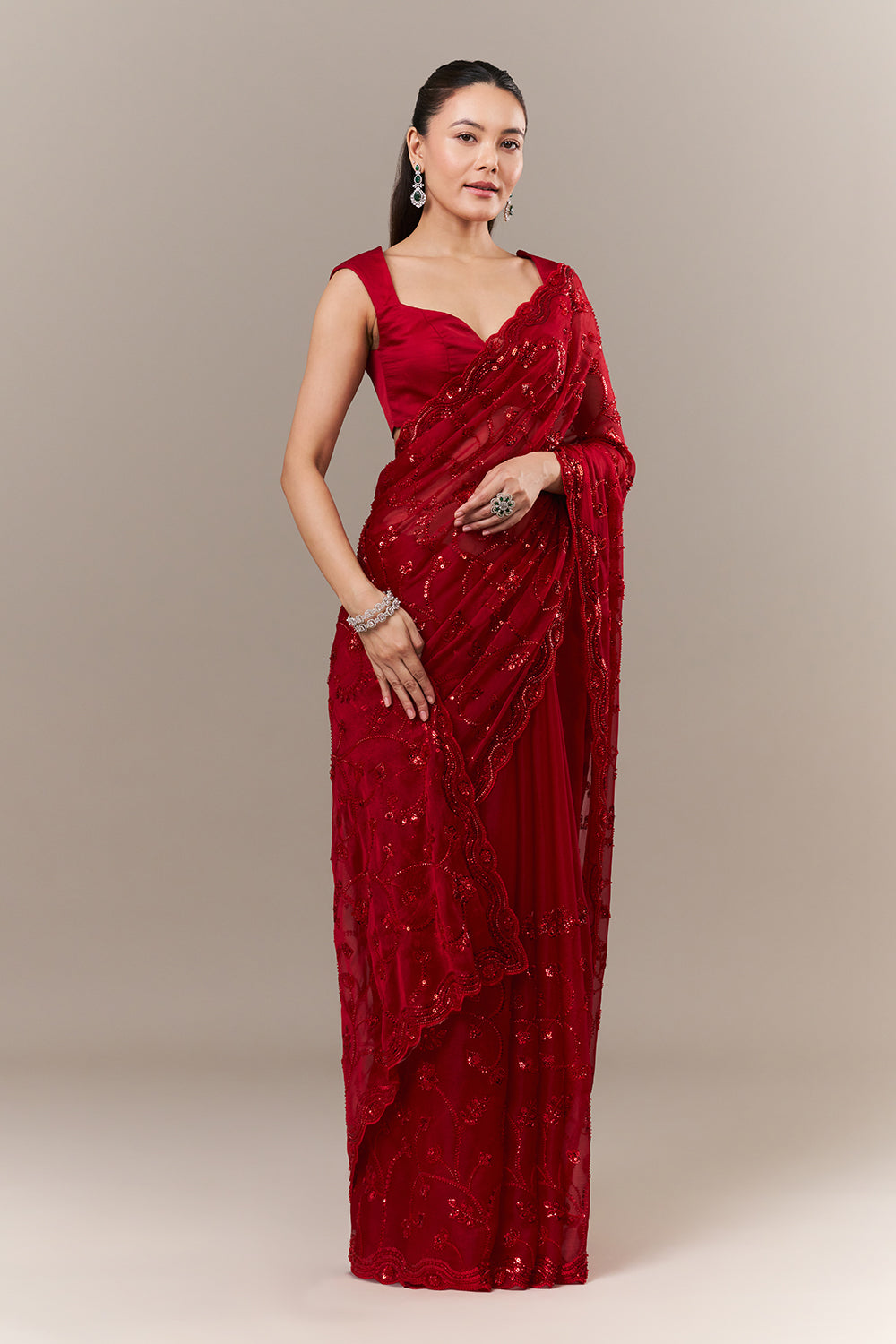 Cherry Red Organza Saree with Cutdana and Sequin Work