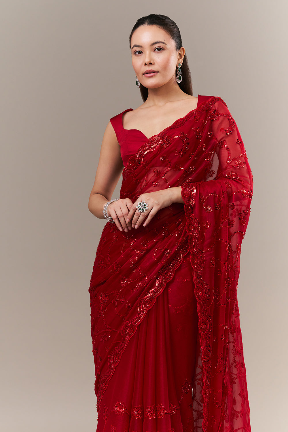 Cherry Red Organza Saree with Cutdana and Sequin Work