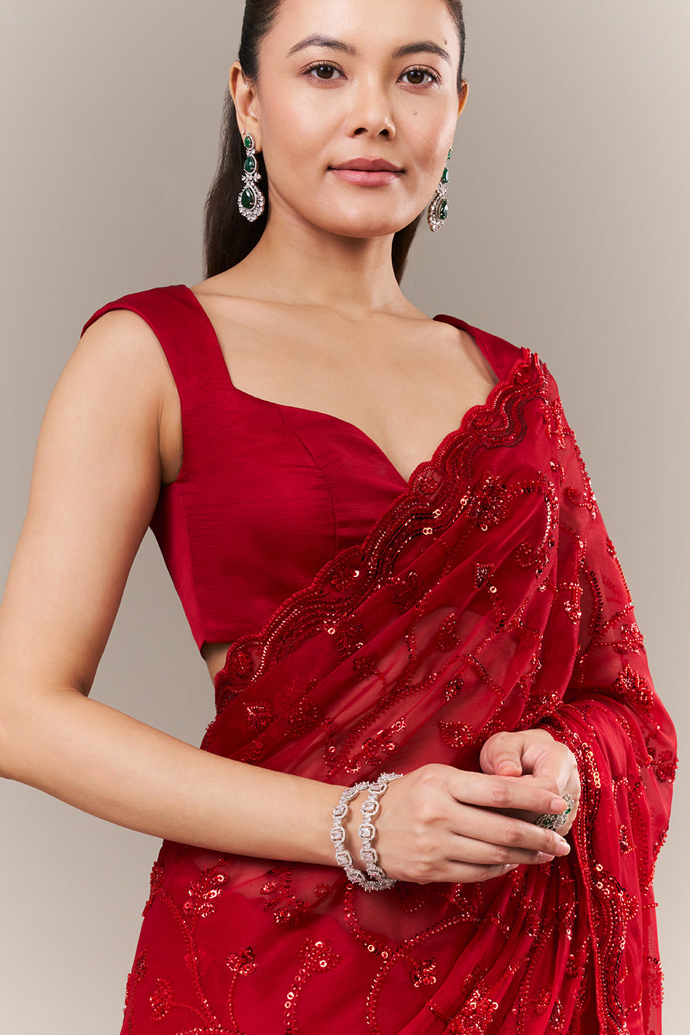Cherry Red Organza Saree with Cutdana and Sequin Work