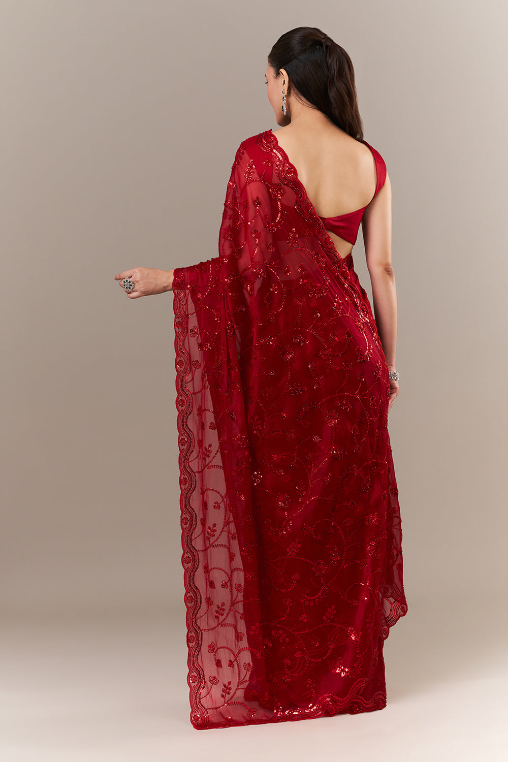 Cherry Red Organza Saree with Cutdana and Sequin Work