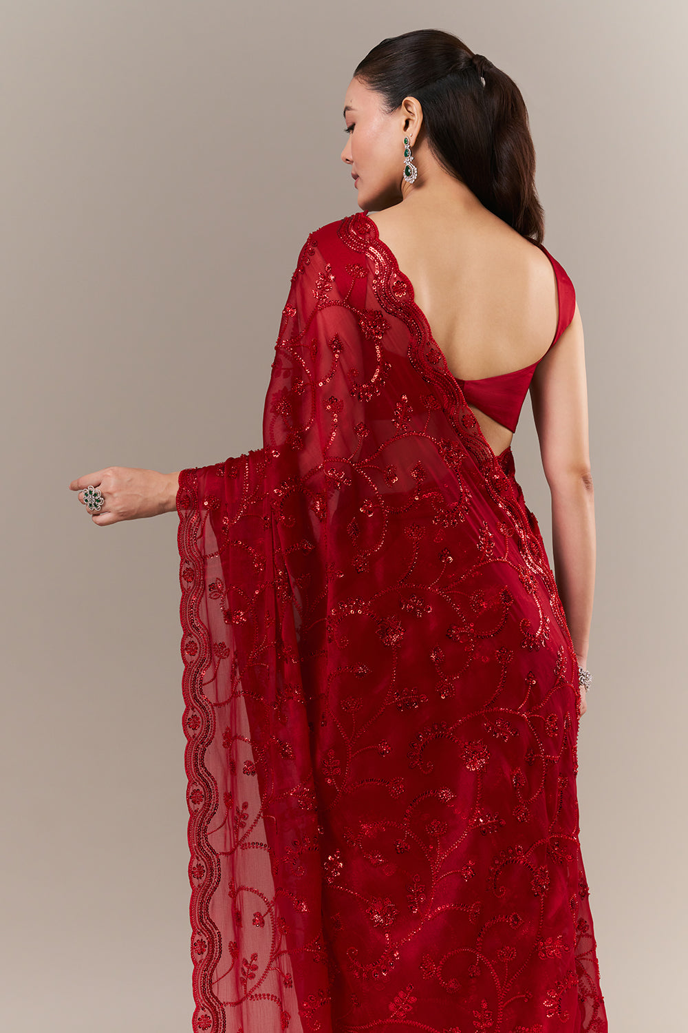 Cherry Red Organza Saree with Cutdana and Sequin Work