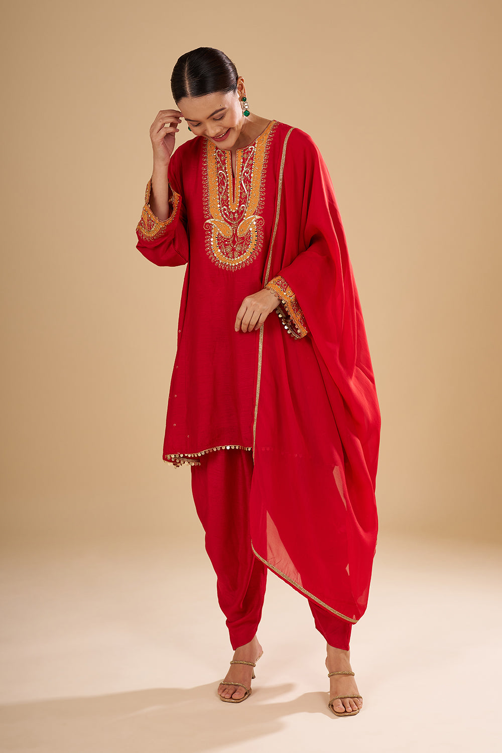 Cherry Red Raw Silk Peplum Kurta with Silk Tulip Pants and Mirror Work Dupatta