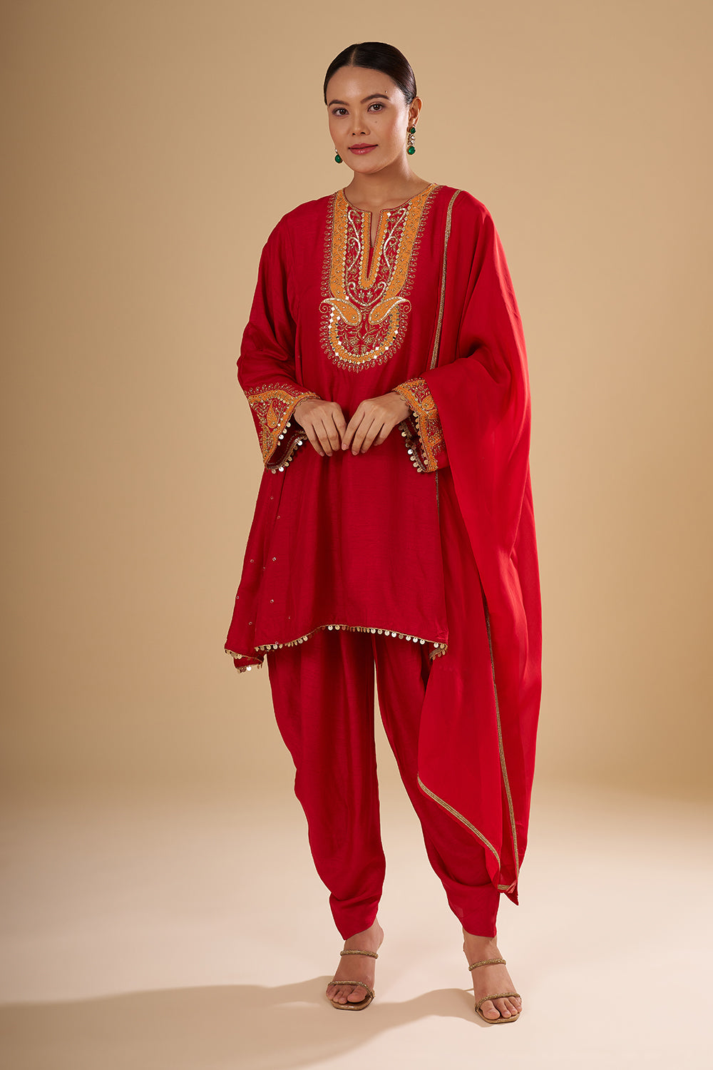 Cherry Red Raw Silk Peplum Kurta with Silk Tulip Pants and Mirror Work Dupatta