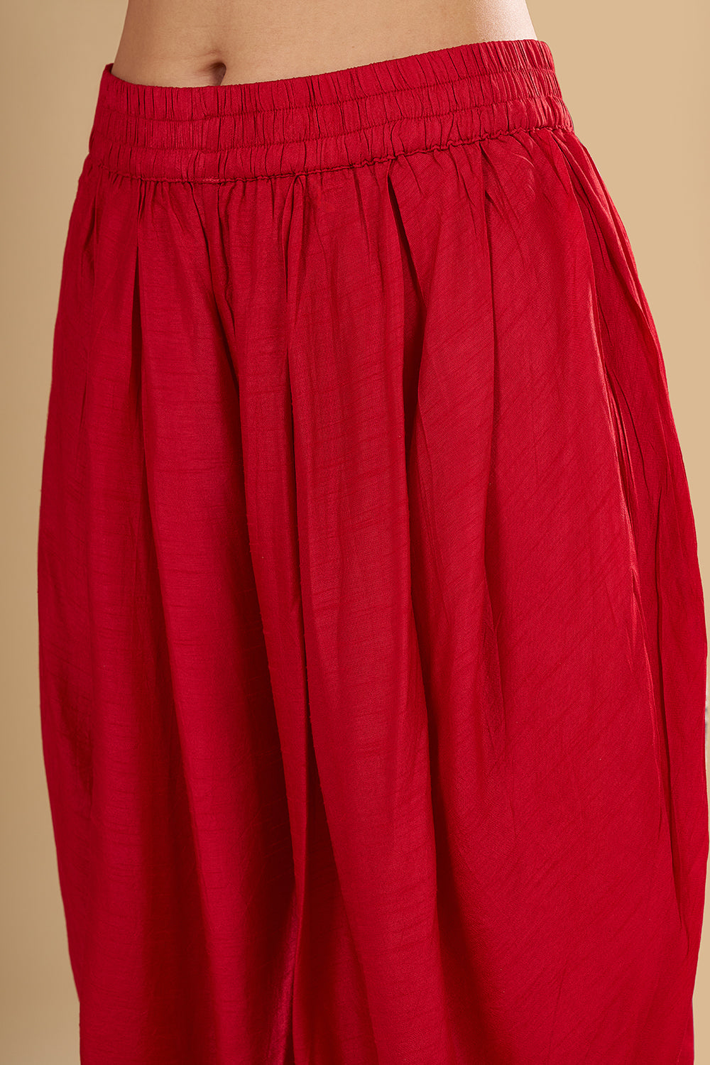Cherry Red Raw Silk Peplum Kurta with Silk Tulip Pants and Mirror Work Dupatta