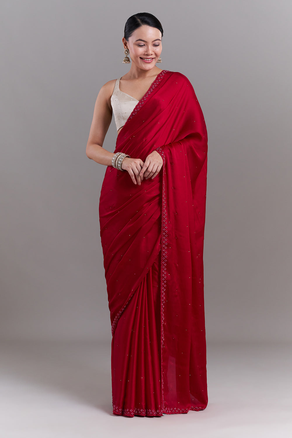 Cherry Red Satin Embellished Saree