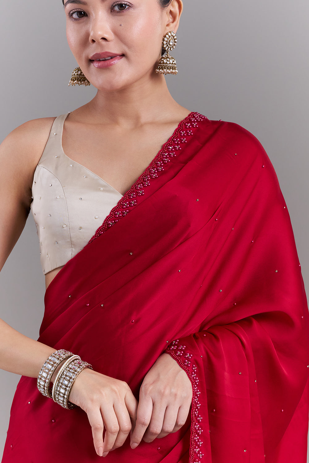 Cherry Red Satin Embellished Saree