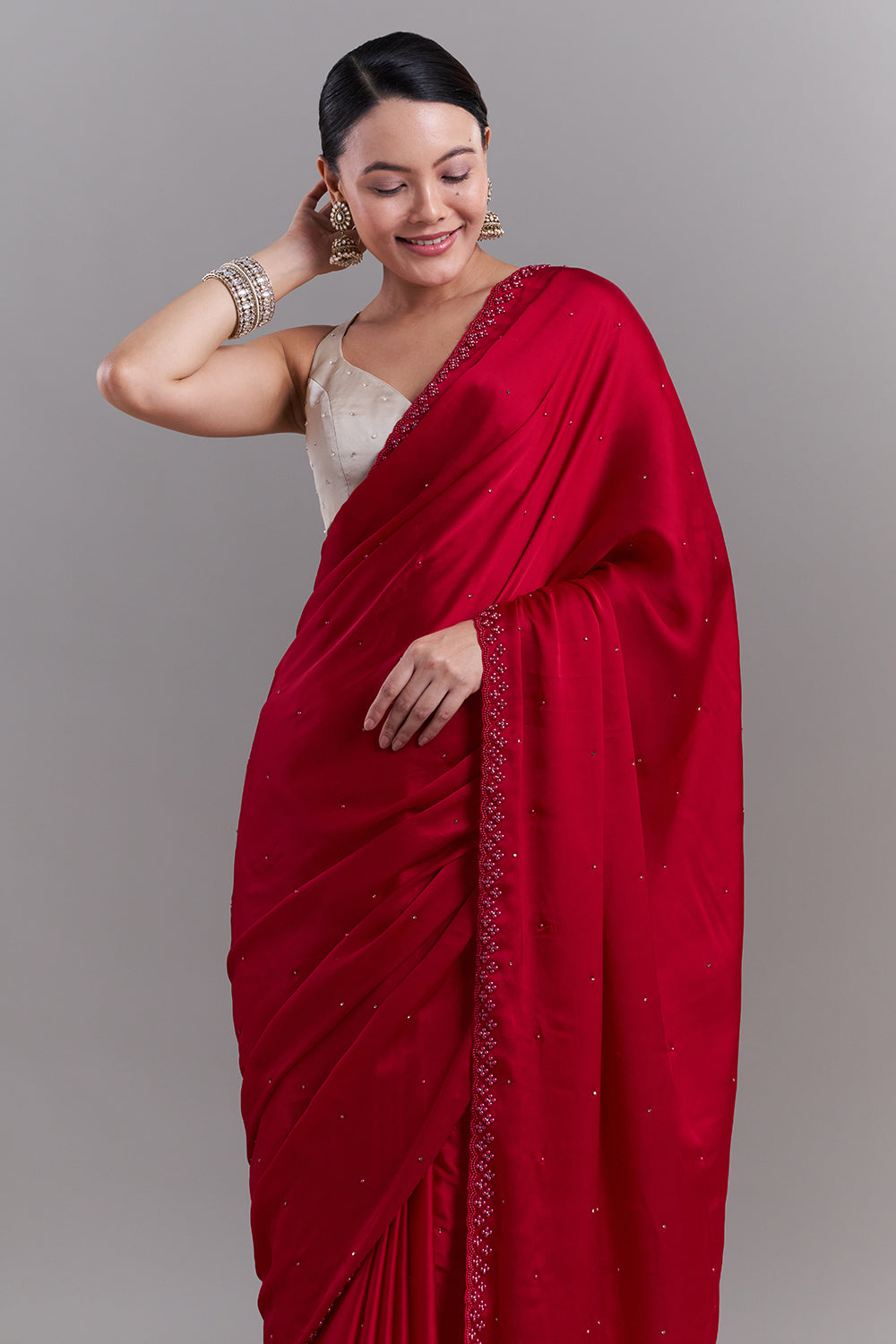 Cherry Red Satin Embellished Saree