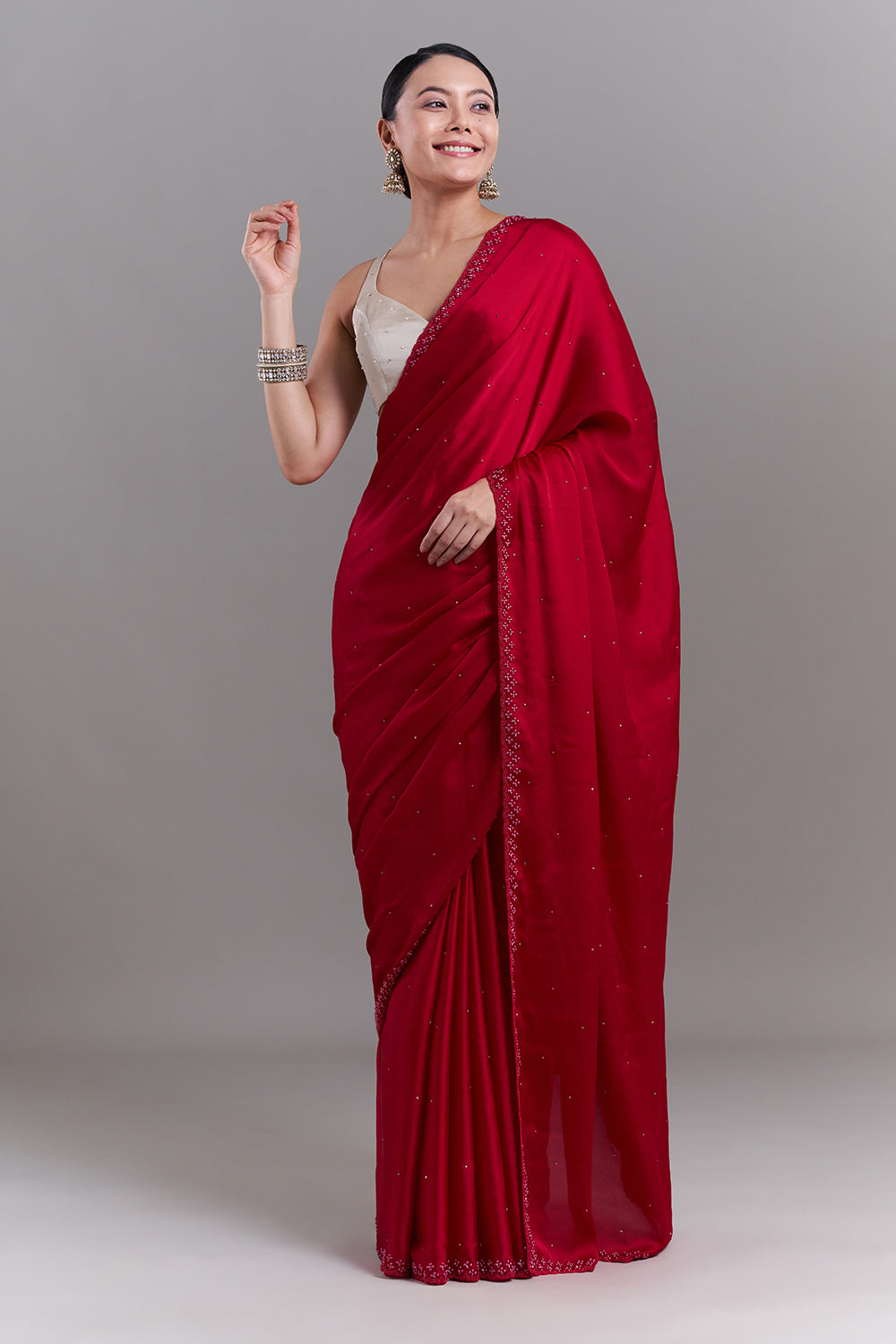 Cherry Red Satin Embellished Saree