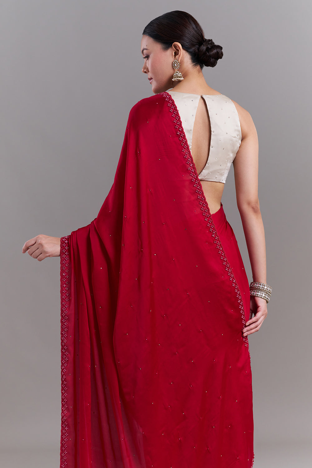 Cherry Red Satin Embellished Saree