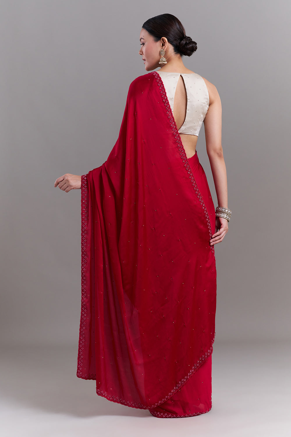 Cherry Red Satin Embellished Saree
