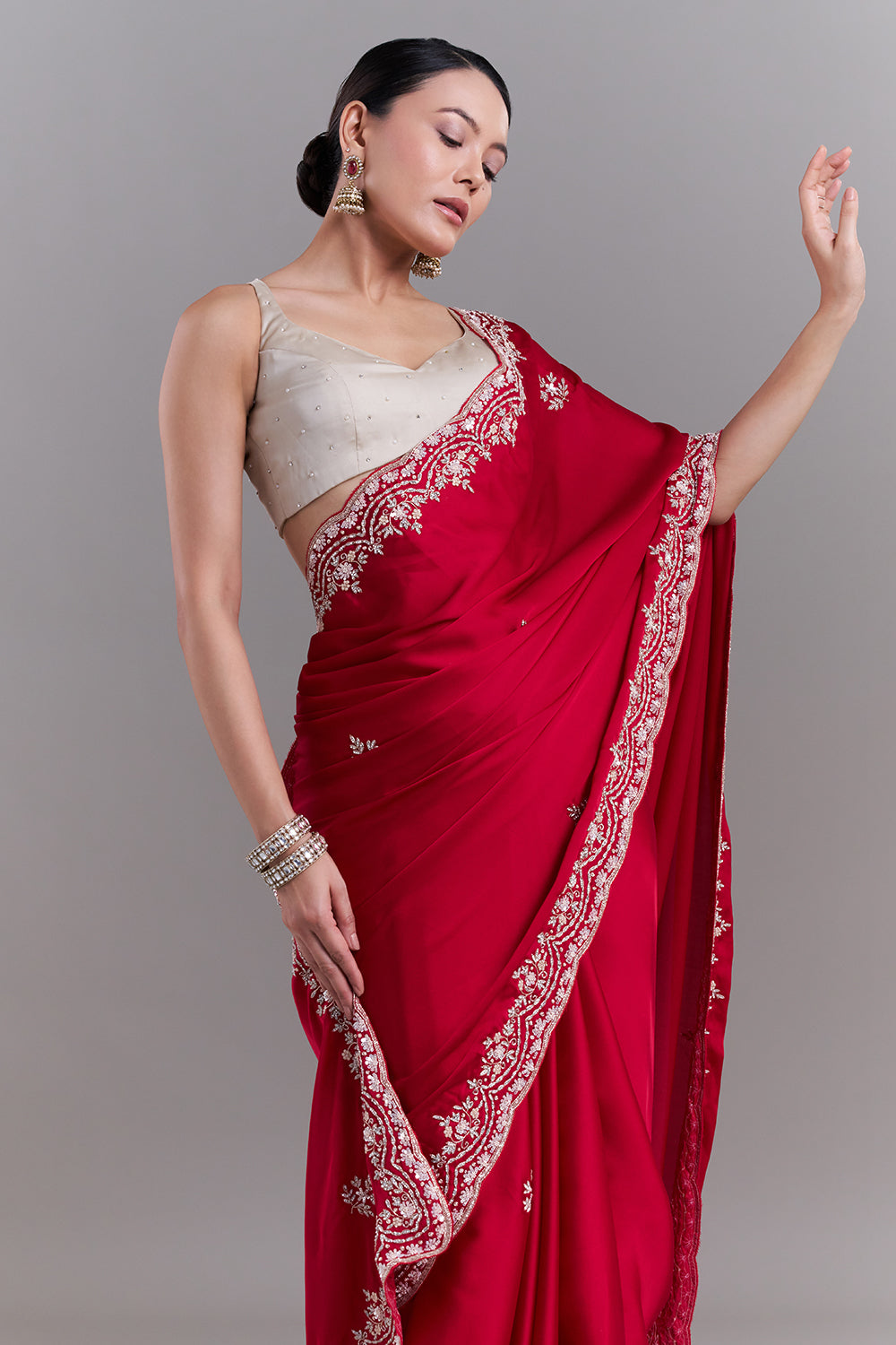 Cherry Red Satin Saree with Floral Vine Embellishments