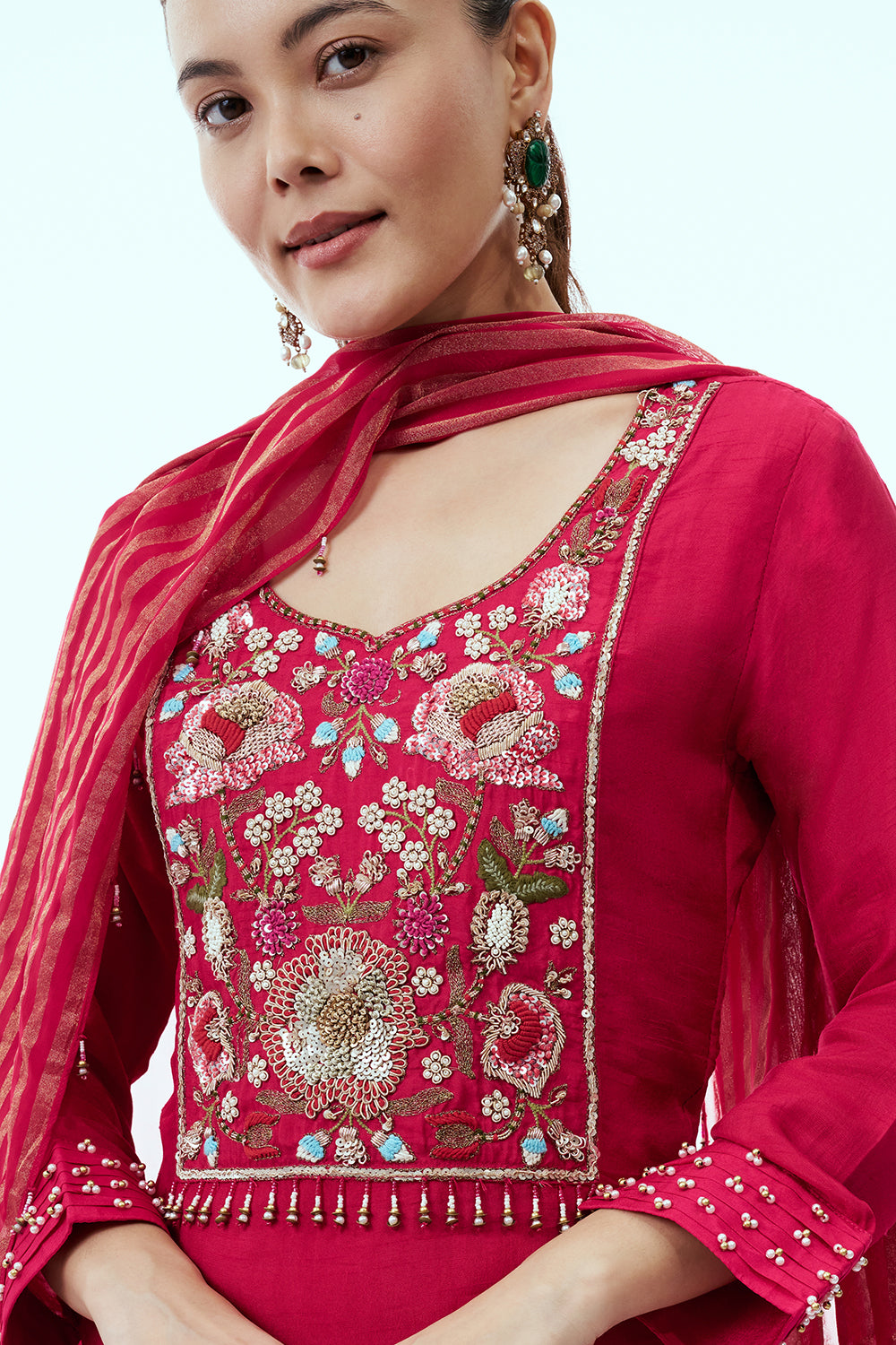 Cherry Red Cotton Silk Sharara Suit with Resham Embroidery