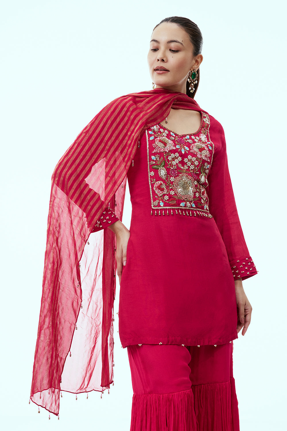 Cherry Red Cotton Silk Sharara Suit with Resham Embroidery