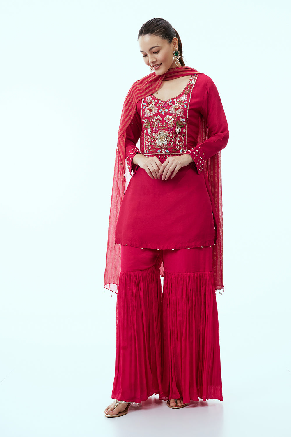 Cherry Red Cotton Silk Sharara Suit with Resham Embroidery