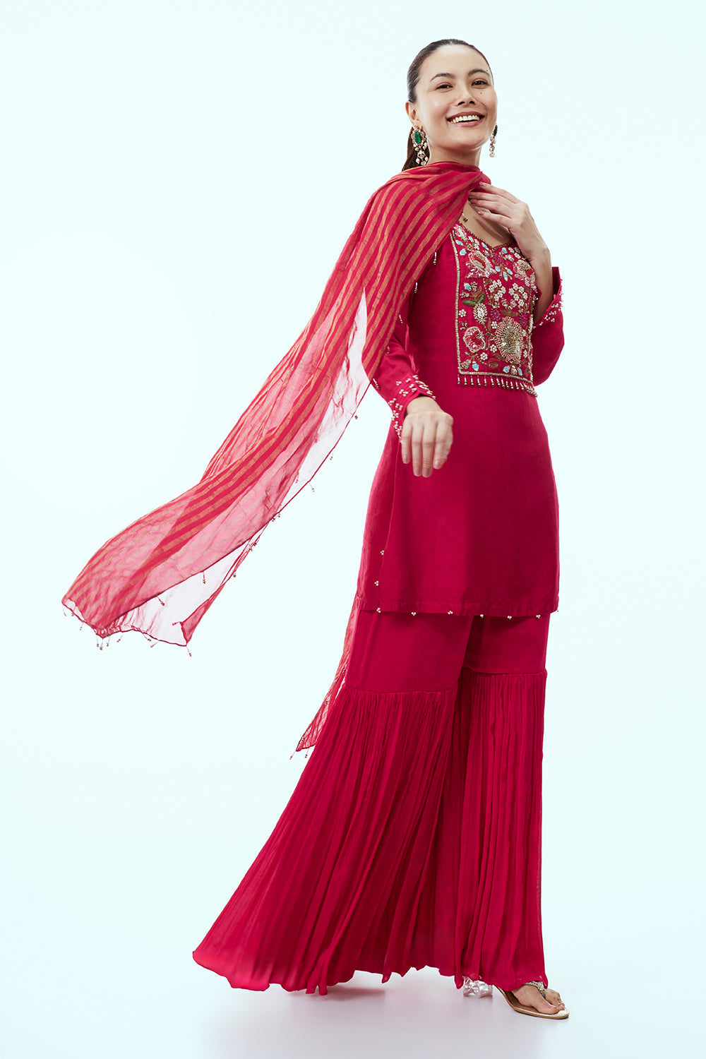 Cherry Red Cotton Silk Sharara Suit with Resham Embroidery