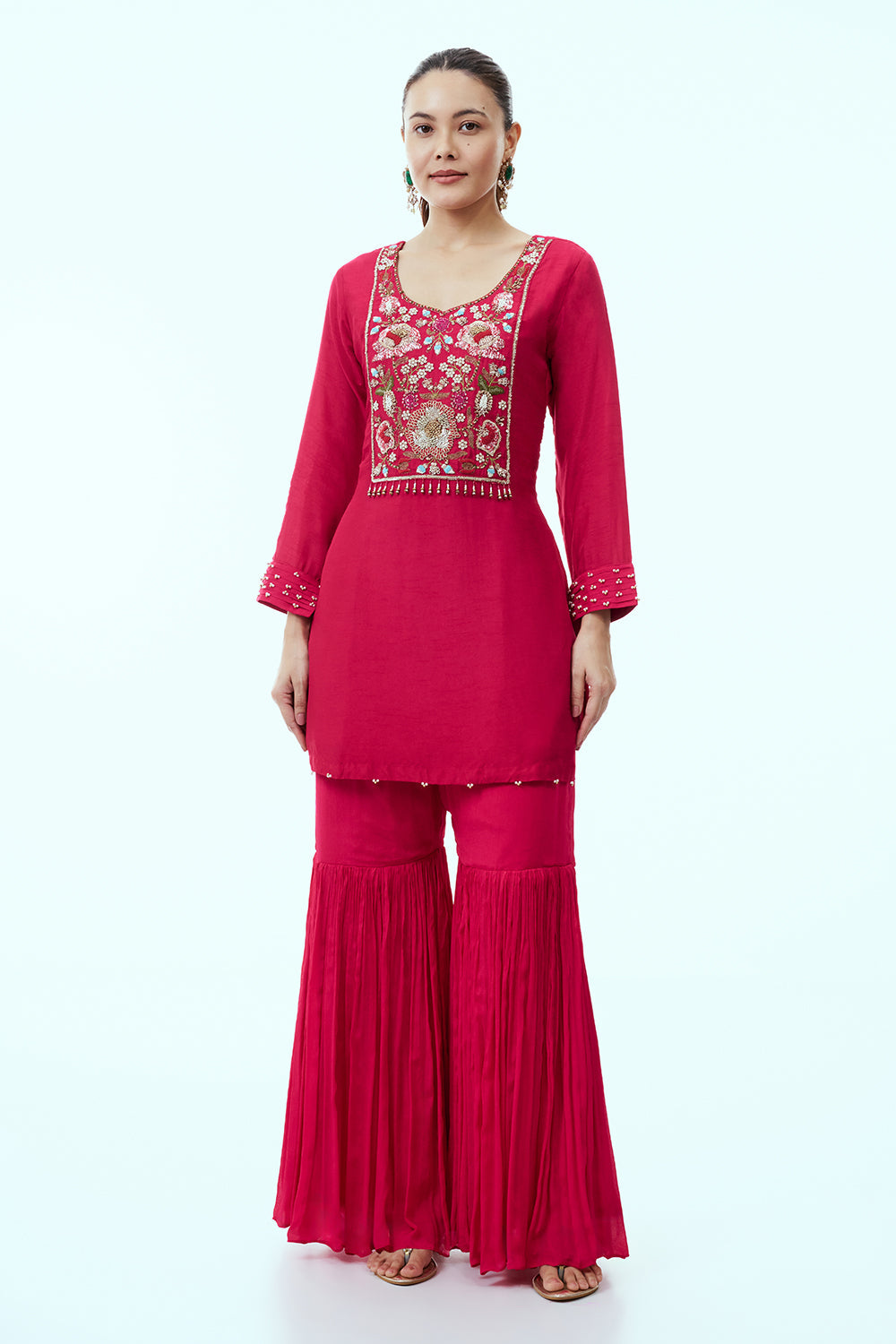 Cherry Red Cotton Silk Sharara Suit with Resham Embroidery