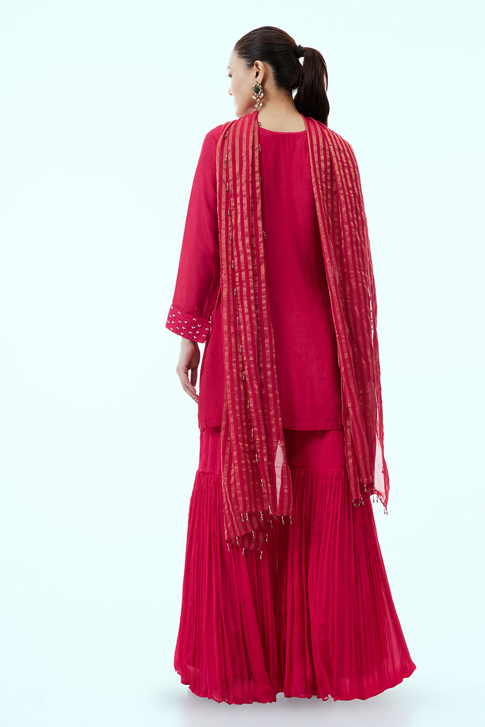 Cherry Red Cotton Silk Sharara Suit with Resham Embroidery