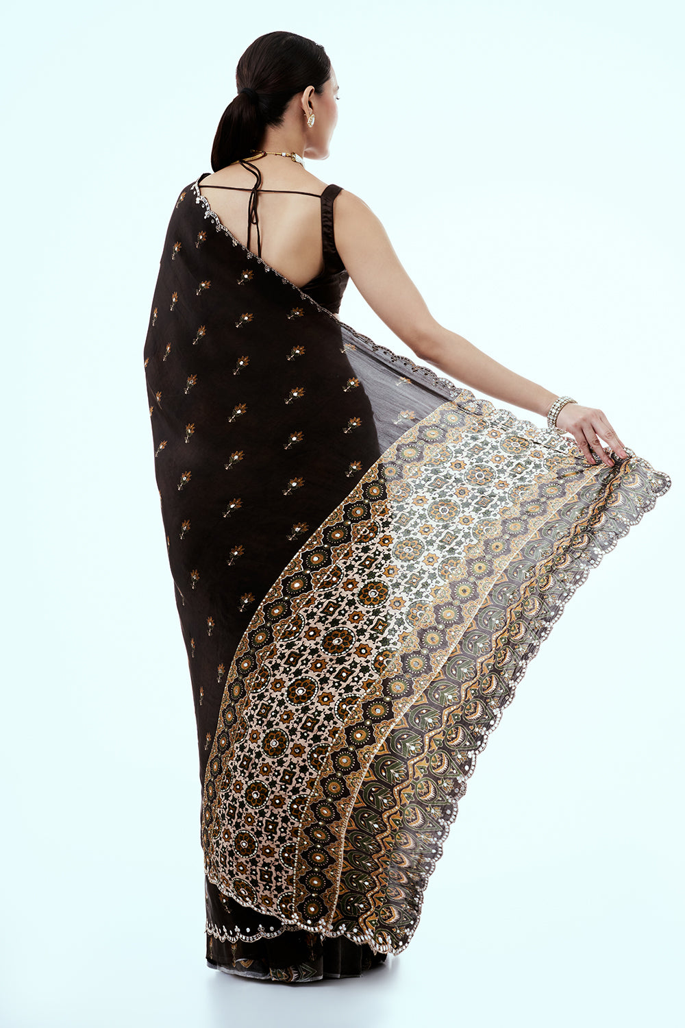 Chocolate Brown Crepe Saree with Butti Work