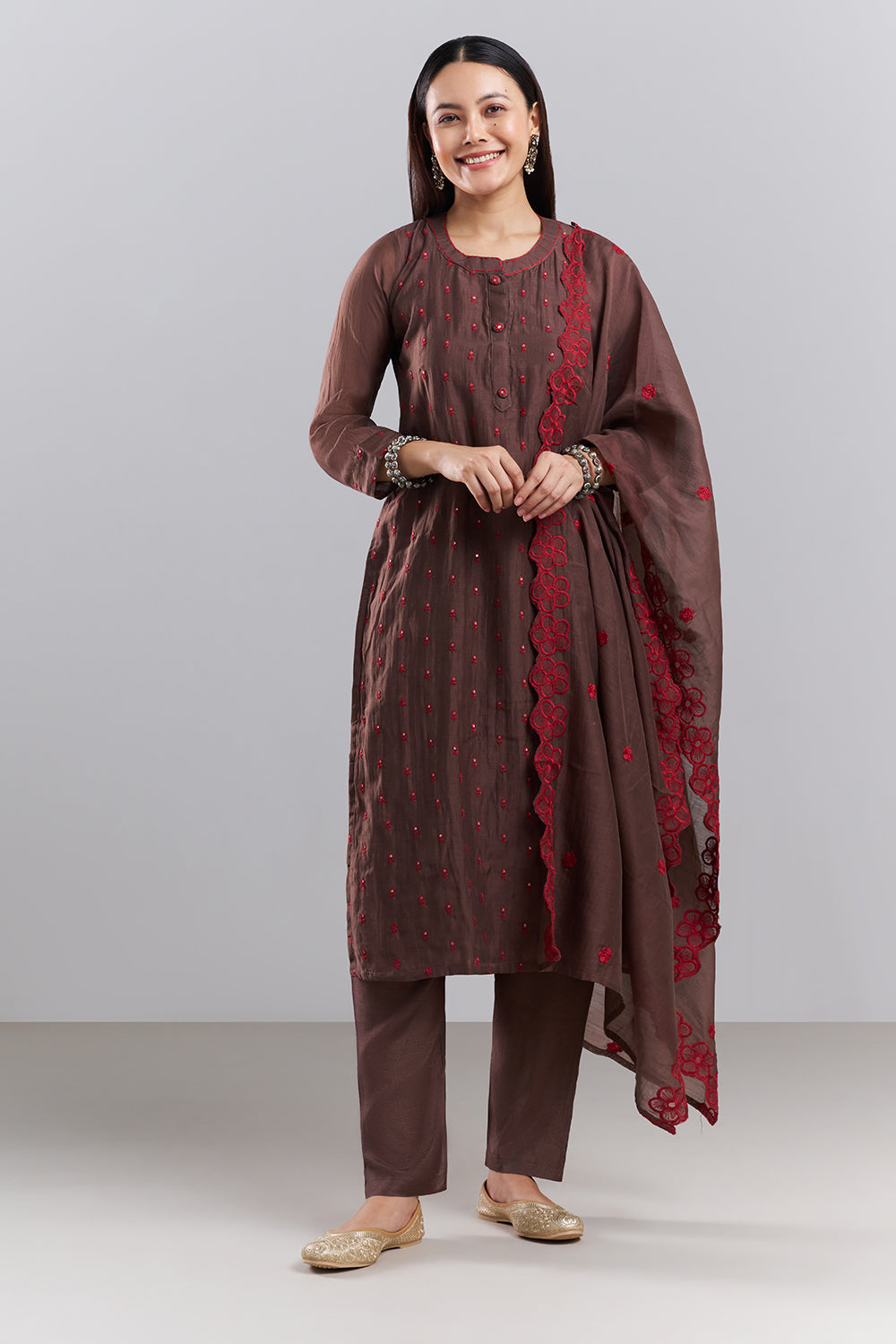 Chocolate Brown Embroidered Kurta Pant Set with Dupatta