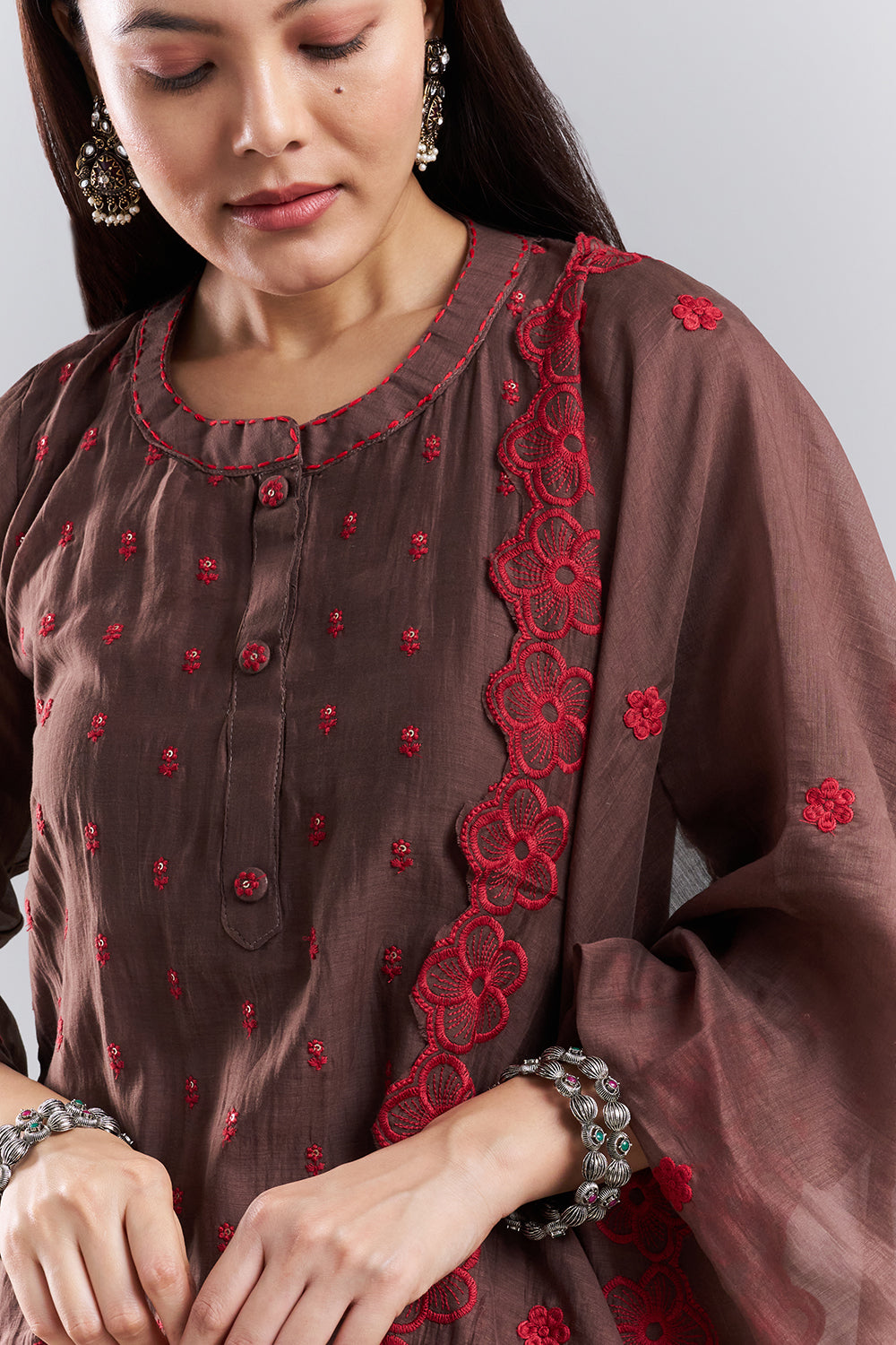 Chocolate Brown Embroidered Kurta Pant Set with Dupatta