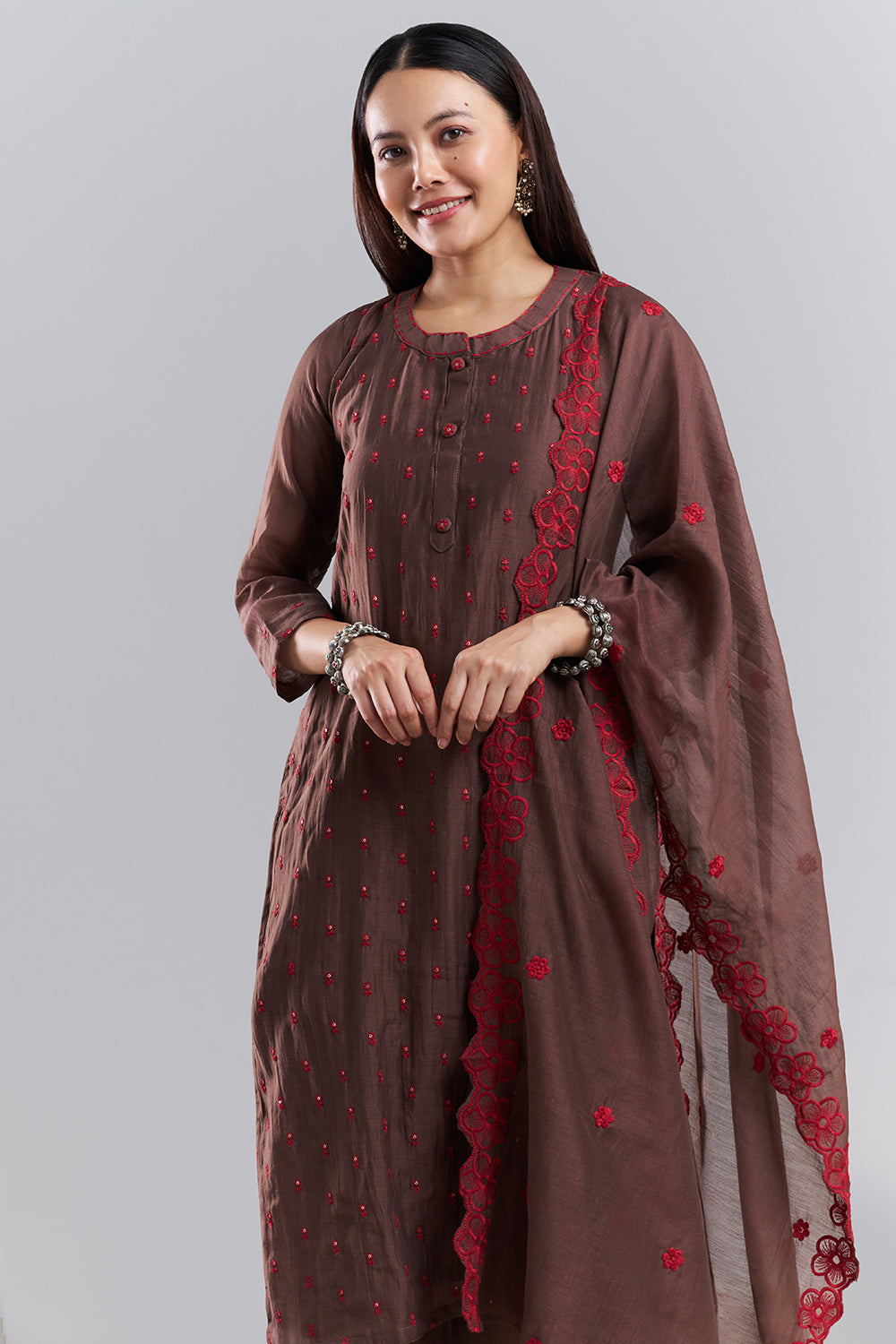 Chocolate Brown Embroidered Kurta Pant Set with Dupatta