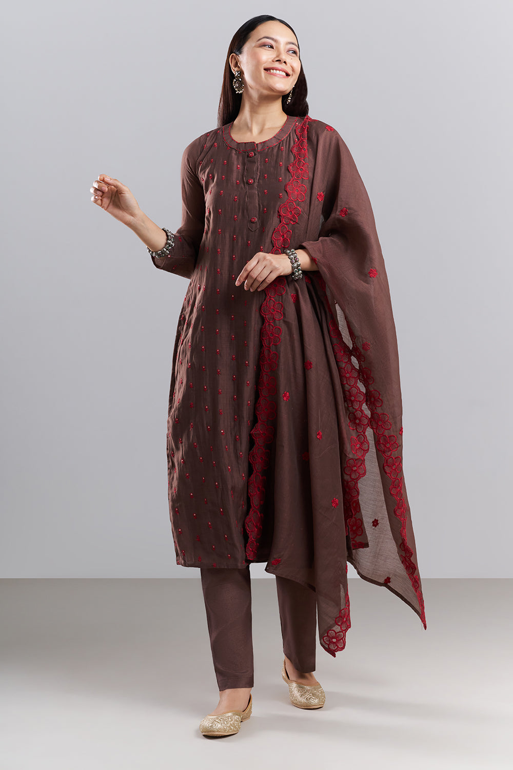 Chocolate Brown Embroidered Kurta Pant Set with Dupatta
