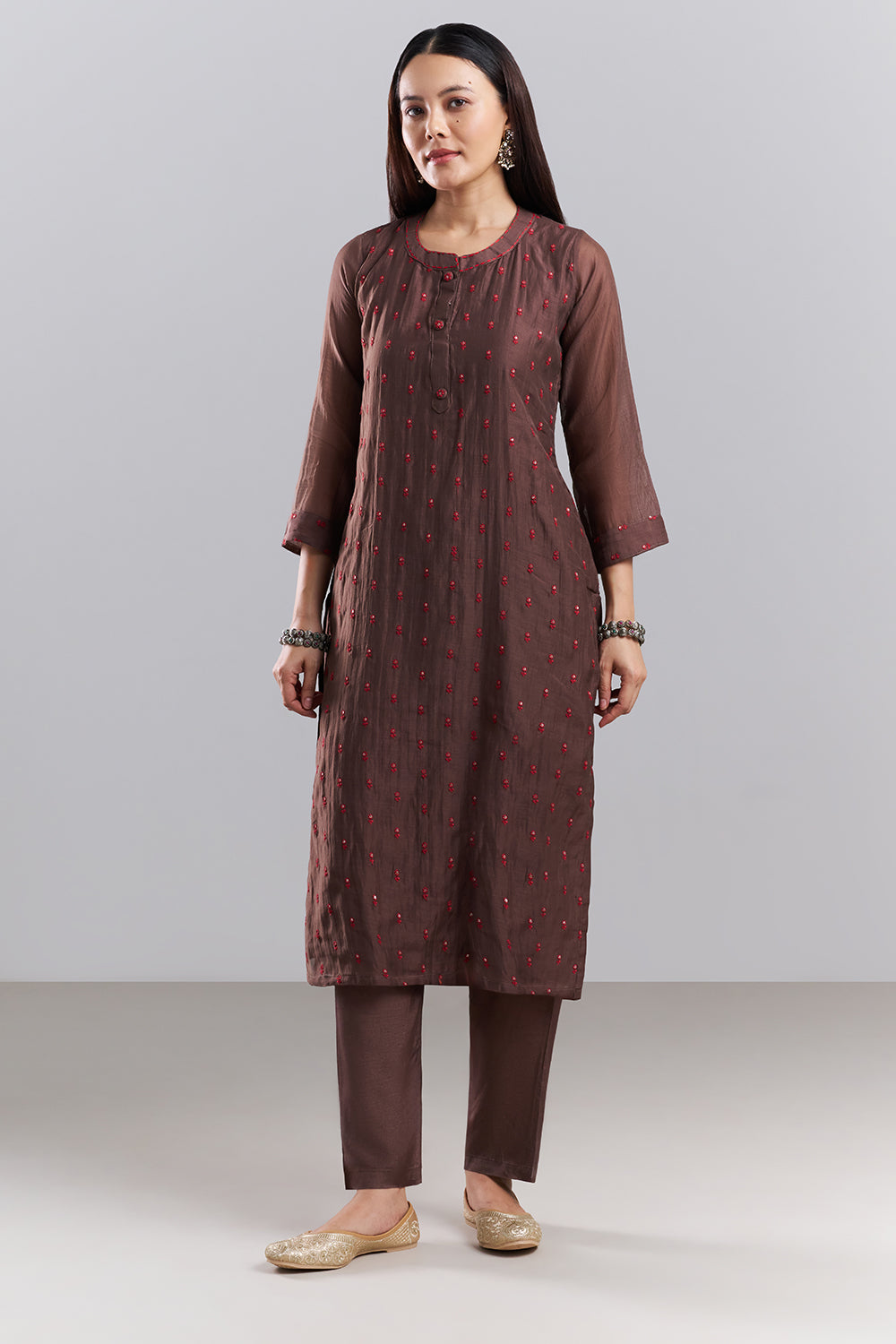 Chocolate Brown Embroidered Kurta Pant Set with Dupatta