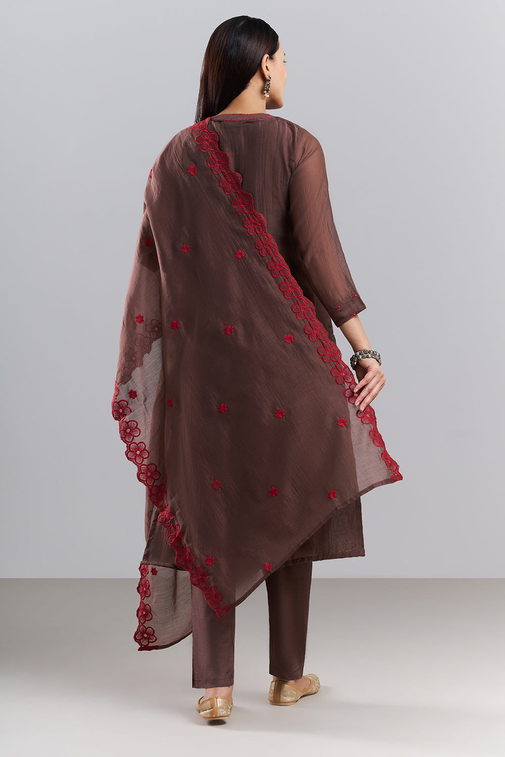 Chocolate Brown Embroidered Kurta Pant Set with Dupatta